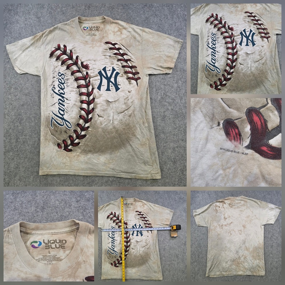 New York Yankees T Shirt Mens L Beige MLB Baseball Liquid Blue All Over Graphic